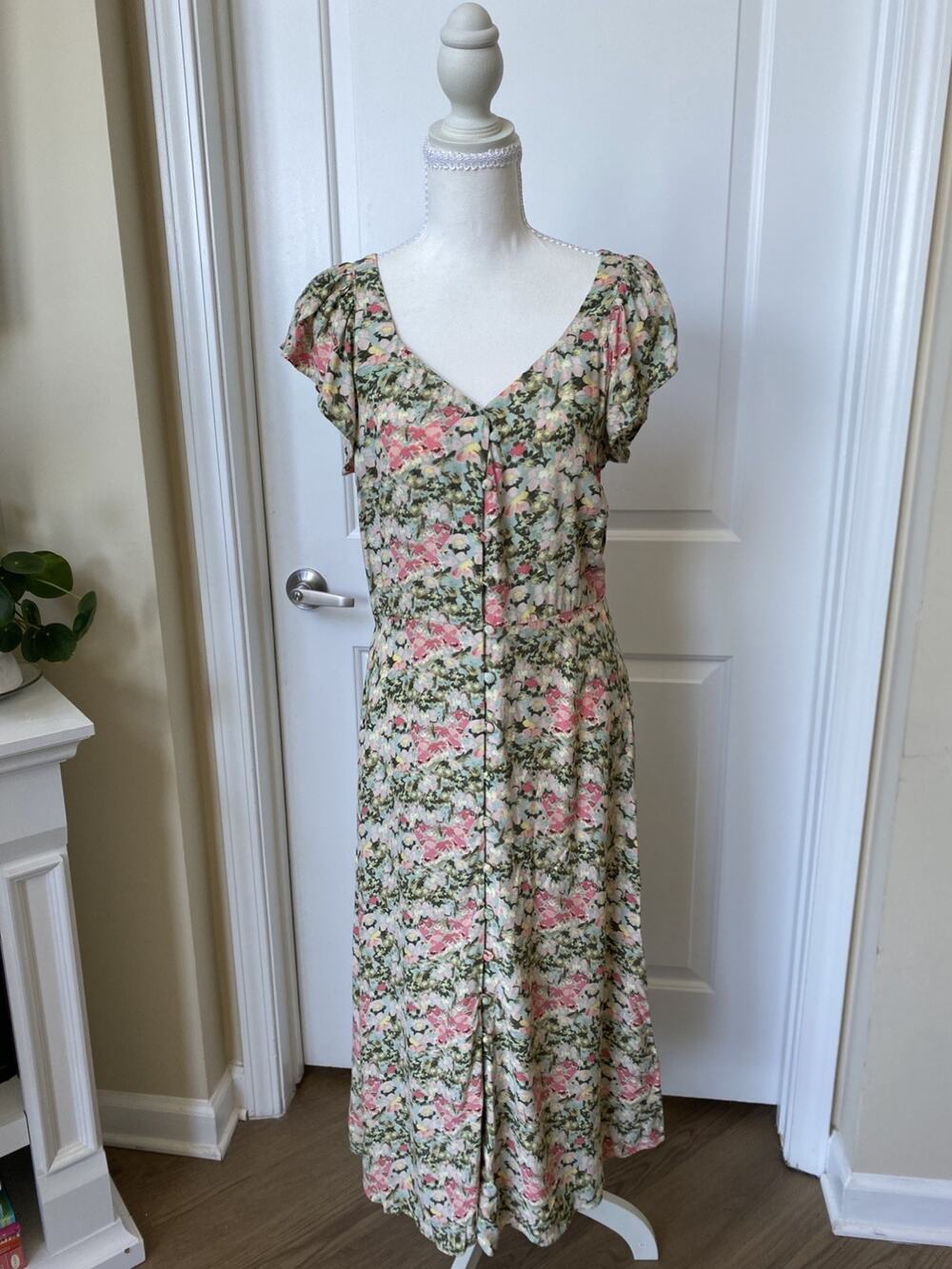 LOFT Dress Womens 4 Green Floral Midi Button Front Sundress Cottagecore Resort